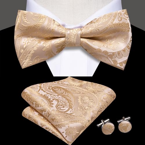 Image of Hi-Tie Bow Ties for Men Pre-Tied Pocket Square with Cufflinks Mens Bowtie Sets for Wedding Formal Party