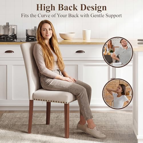 Image of Farmhouse Dining Chairs Set of 6, High Back with Wooden Legs and Nailhead Trim, Modern Fabric Dining Room Chair for Kitchen /Restaurant