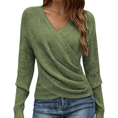 Suéter de manga larga con cuello en V para mujer, suéter cruzado de punto fruncido, informal, para invierno, tops de moda, verde, M
