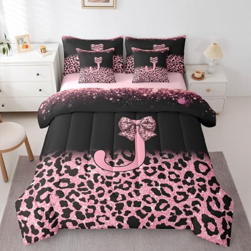 Image of Feelyou Bow Initial Letter J Comforter Set with Sheets 7 Piece Queen Size Glitter Leopard Print Bed in a Bag Kids Boys Girls Girly Bow Bedding Set Bedroom Decor Breathable Soft Lightweight Microfiber