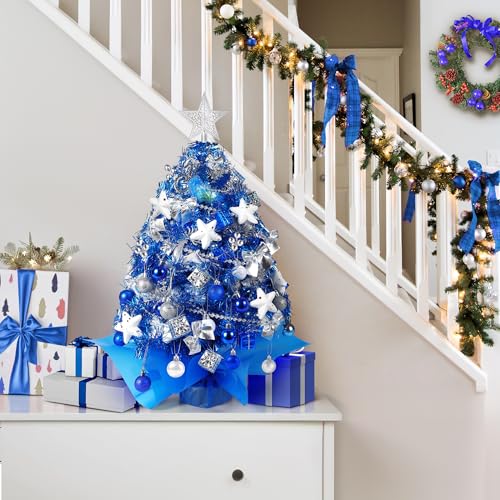 Image of 2FT Mini Christmas Tree, Blue Tabletop Christmas Tree, Prelit Small Christmas Tree with 60 LED Lights, 100 Lifelike Branches, 73 Ornaments, Artificial Xmas Tree for Home Indoor Decor