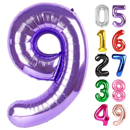 Image of Purple Number 9 Balloon 40 Inch, 9th Birthday Party Decorations, Giant 9 Foil Balloon for Party Supplies