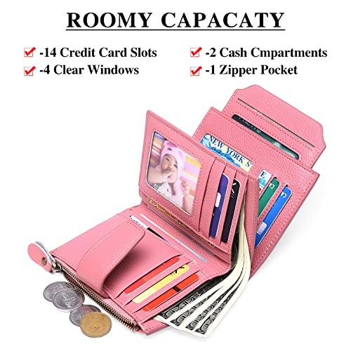 Image of FALAN MULE Women's Genuine Leather Wallet, Compact Size, RFID Blocking, 14 Slots, 2 Zippered Pockets, 2 Bill Compartments, Includes Coin Pouch, Card Holders, AY-Lichee Pink