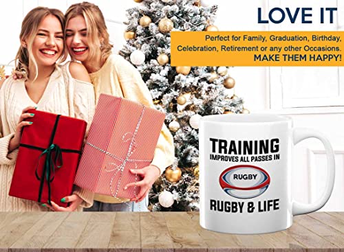 Flairy Land Rugby Coffee Mug 11Oz White - Training Improves All - Footballer Teams Pro Player Enthusiast League Coach Sport Lovers Outdoor Soccer Cricket #TOP6