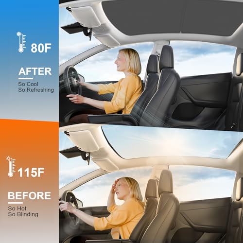 Image of Upgrade Tesla Model Y Sunshade Roof [Never Sag Gap, Nano Ice-Crystal Coatings] 3-Gen Heat Insulation Keep Cooling Foldable Glass Roof Sun Shade, Accessories for Model Y 2020~2024,Tesla Interior Black