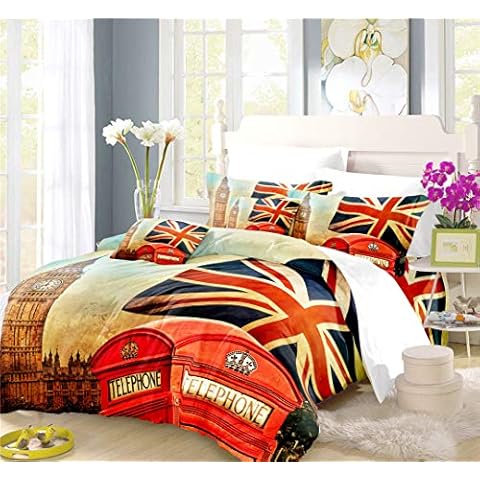 Earendel Retro London Bedding Vintage The Union Flag Duvet Cover Set Bus Bed Sets 2/3/4PCS Colorful Quilt Covers/Sheets/Pillowcases,Twin/Full/Queen/King Size (3,Single-140×210cm-3PCS) Cover