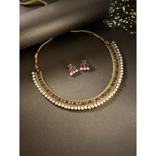 Image of I Jewels Gold Plated Traditional White Choker Necklace Jewellery Set For Women /Girls (MC119)