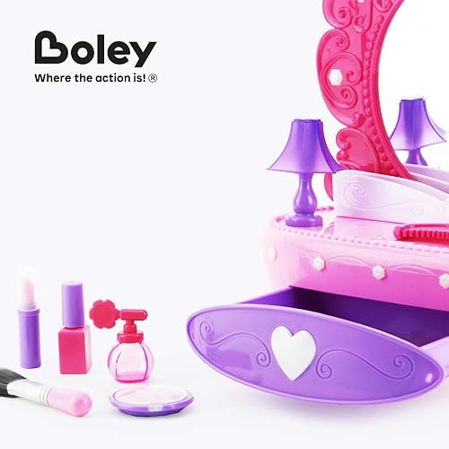 Miniatura 6 de Boley Espejo de tocador de moda, juego de 38 piezas con maquillaje de simulación para niñas pequeñas, mesa con espejo musical iluminado, kit de