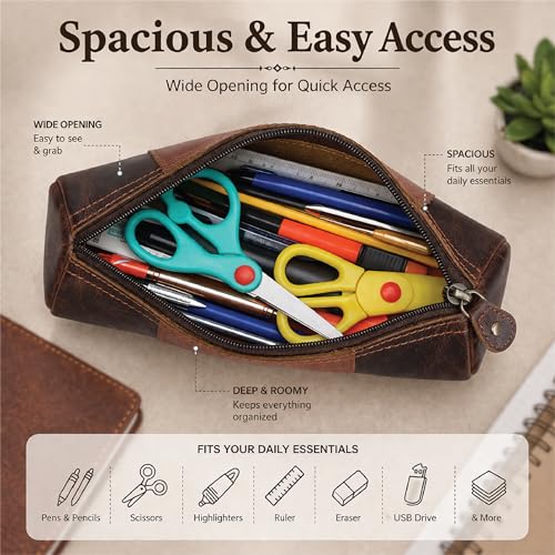 Image of Genuine Leather Pencil Pouch, Handcrafted Zipper Organizer Case with Wrist Strap, Durable Multi-Purpose Storage for Stationery, Travel & Accessories, 8 x 2.5- Brown