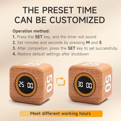 Exlliy Rotating Productivity Timer 5, 25, 10, 50 Minutes Preset, Desk Cube w/Gravity Sensor for ADHD, Mute Functions, Ideal for Work, Study, Kitchen, Back to School (1, Wood Grain Finish) - Image 7