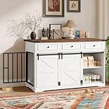 IchbinGo Dog Crate Furniture 55' Wooden Dog Kennel with 3 Storage Drawers, Farmhouse Dog Crate with Side Door and Sliding Barn Door White