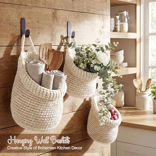 Image of Honeydak 3 Hanging Baskets, White, Barrel, Cotton Rope