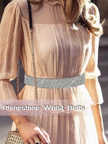 Urieo Bling Rhinestone Stretchy Belt Crystal Silver Elastic Belts Wide Formal Dress Waist Cinch Belt for Women2