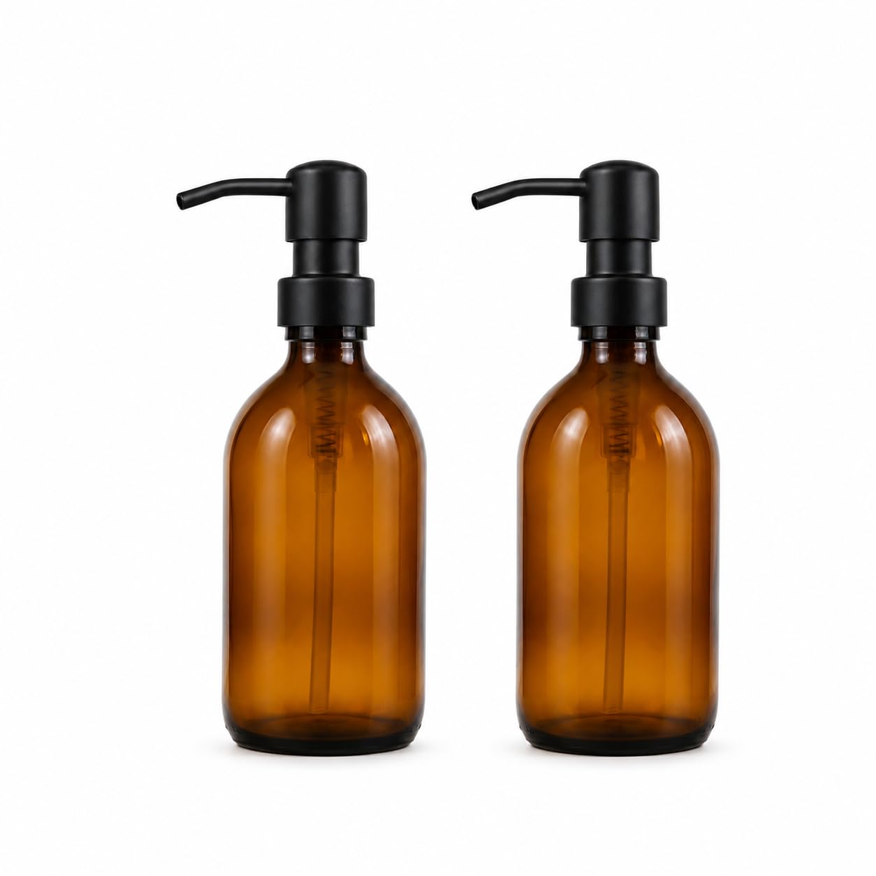AVALON 250ml Amber Glass Soap Dispenser Bottles with On Trend Metallic Pump - Empty Refillable Containers for Liquid Soaps, Lotions, and More (Pack of 2, Matte Black Pump)