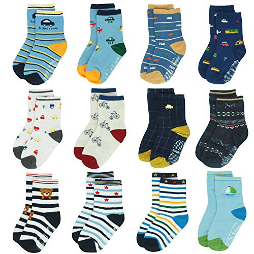 HYCLES Rutschfeste Jungensocken für Kleinkinder, 12 Paar Socken für Kleinkinder, Kinder, Griffsocken für 1-7 Jahre alte Mädchensocken, 01 Auto-Stil (12 Paar), 0-12 Monate Cover
