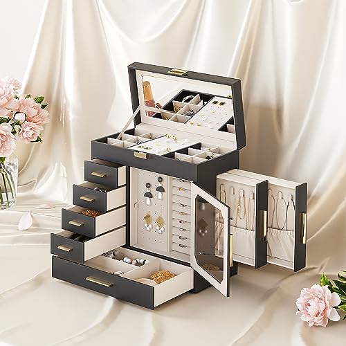 Hoobro Jewelry Box With Glass Cover, Jewelry Organizer Box With Capacious Storage Space, Jewelry Holder Organizer, Hand-Held Jewelry Case, Large Mirror, Modern Style, Black And Light Gold Bk06Jb04 #TOP1