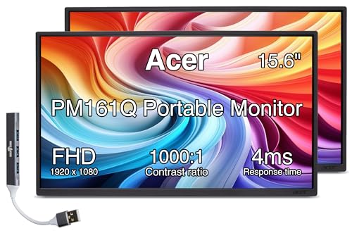 Image of Acer PM161Q 15.6 inch FHD IPS Portable Monitor with 4ms Response Time, Anti-Glare, 250 nits Brightness, VESA Mount (75mm), Mini HDMI & Dockztorm USB Port Expander, Black Color (UM.ZP1AA.103) 2 Pack