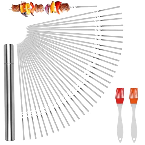 Accesorios De Asador, Music HuLuHouse® Brochetas deAcero Inoxidable,Espadas para Asar Carne,Juego de 50 Brochetas para Barbacoa, 1 Tubo de Almacenamiento y 2 Cepillos de Goma,Ideal para...