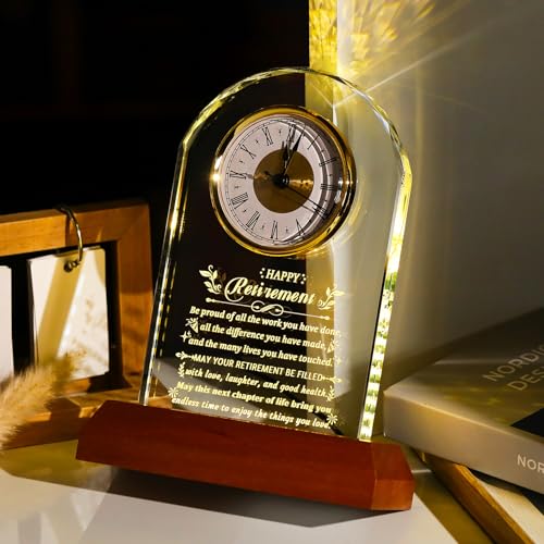 Image of Ornalrist Happy Retirement Clock Gifts for Women Men Glass Retirement Clock with Wooden Light Base Farewell Going Away Keepsake for Retired Woman Coworker Teacher Boss Leader Nurse