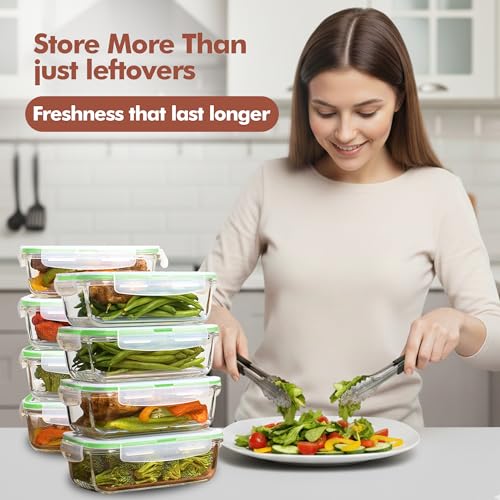 Image of Razab 16 Pc (Set of 8) 30 Oz Glass Meal Prep Containers with Lids, Airtight Large Glass Food Storage Containers, Reusable Leak Proof BPA Free, Freezer to Oven and Dishwasher Safe
