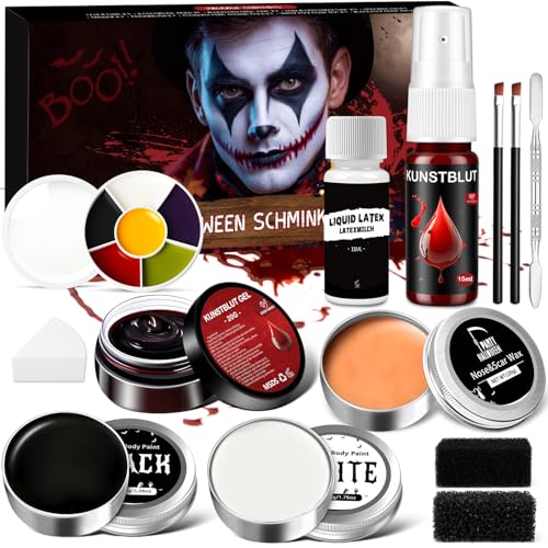 Face Paint Halloween Makeup Kit - White Black Face Painting Kit Kids Adults with Fake Blood Scar Wax Sfx Makeup 6 Color Facepaints For Zombie Vampire Skeleton Joker Clown Body Paint