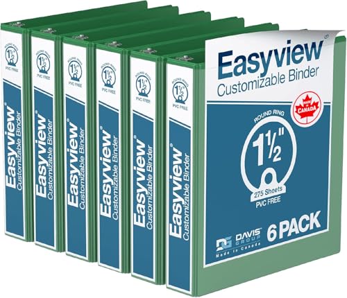Image of Easyview 3-Ring Binder, Clear-View Cover, 1.5 inch Round Rings, Green, 6 Pack