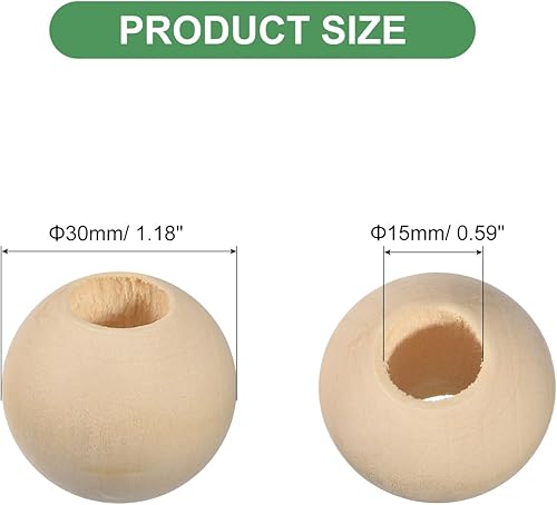 Miniatura 9 de uxcell 60 cuentas espaciadoras de madera natural de 0.866 in, agujero grande de 0.197 in, cuentas redondas de madera sin terminar para manualidades,