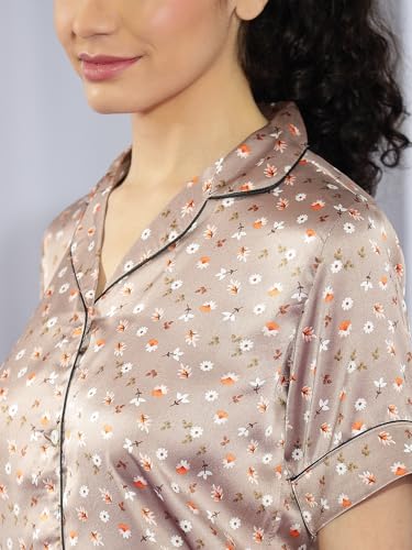 Image of KOTTY Women's Printed Satin Night Suit Shirt & Pyjama Set