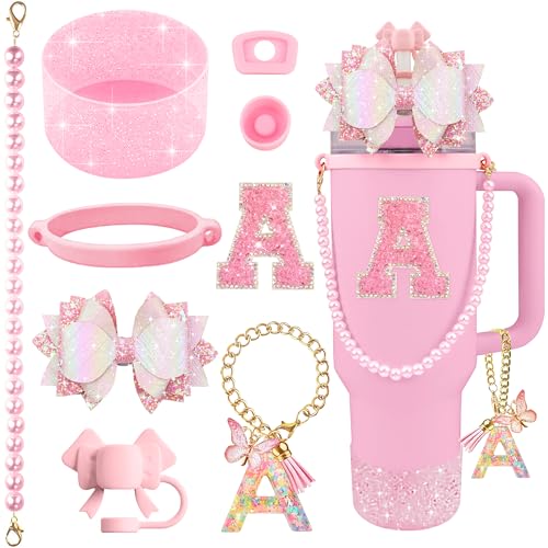Hpebl 9PCS Pink for Stanley Cup Accessories Set Bling Initials Bow Charms for Stanley Decorations 30/40 Oz Tumbler Accessories Including Bow Straw Topper, Handle Strap, Spill Stopper（Letter A） - image 1