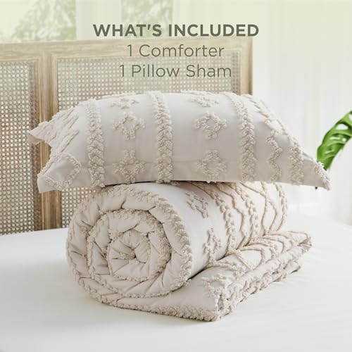 Image of Bedsure Tufted Boho Comforter Set Twin Size - Ivory Boho Bed Set, GentleSoft 2 Pieces Farmhouse-Style Embroidery Bedding, Gifts for Woman, Soft Jacquard Twin Comforter for All Seasons