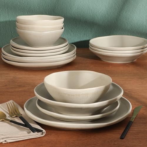 Image of Gibson Elite Island Cove 16 Piece (Service for 4) Plates and Bowls Reactive Glaze Organic Round Dishes Stoneware Ceramic Dinnerware Set -Light Grey