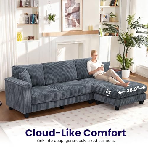 Image of 114.5 inch Corduroy Sectional Sofa with Armrest Storage & Reversible Chaise, Comfy L Shaped Sofa 4 Seat Sectional Couch, Modern Upholstery Couch with Removable Covers, for Living Room, Apartment, Gray