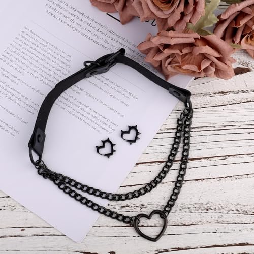 Goth Heart Chain Choker & Spiked Heart Earrings, Black Punk Rock Leather Necklace Y2K Earrings Jewelry Set for Men Women3