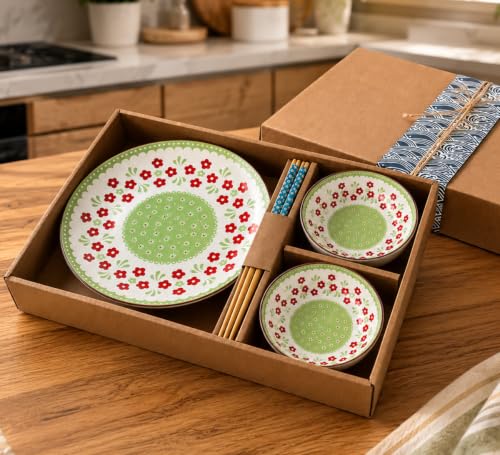 Image of Ceramic Dinnerware Set, Japanese Asian Cuisine Bowls and Plates for Dinner, Rice, Soup, Dessert, Salad, Gift Box Packed Dinner Set (Green, Pack of 5)