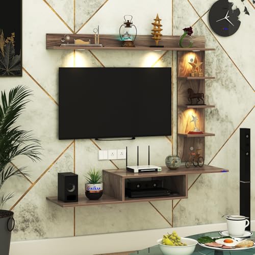 Image of Wintor Engineered Wood Wall Mounted TV Unit with 4 LED Lights, 3 Open Shelves, 1 Storage Box & Decorative Display Shelf for Living Room | Ideal for Upto 43 Inch TV- CoachWood(DIY Assembly)
