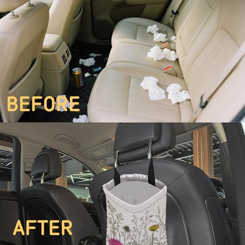Image of Wild Herb Flower Car Garbage Bag,Vintage Botanical Flowers Small Car Trash Bag Hanging Back of Seat,Drawstring Car Trash Bag with Adjustable Buckle,Car Accessories for Camping Travelling