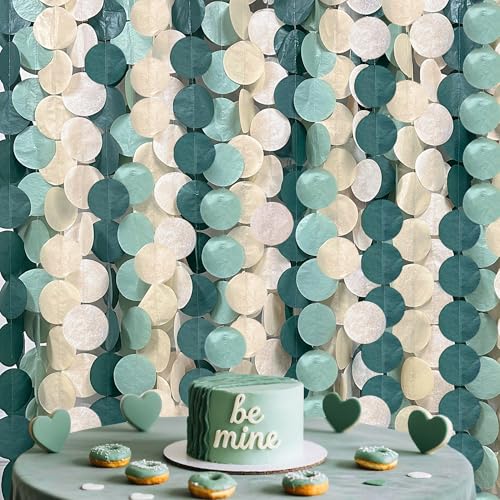 Image of 205Ft Sage Green Circle Dot Garland Backdrop Dusty Green Tissue Paper Polka Dots Hanging Streamer for Woodland Jungle Safari Neutral Birthday Wedding Engagement Party Decorations Supplies