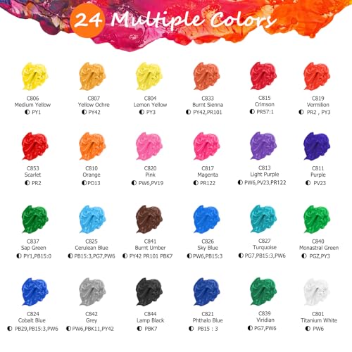 Image of Caliart 24 Colors Acrylic Paint Set with 12 Brushes | Craft Painting kit for Adults Artists Beginners, Rich Pigment Non-toxic, Canvas Wood Rock Pumpkin Ceramic Art Supplies Paint