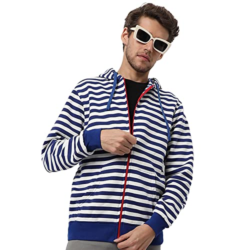 Image of CAHOOT Men's Dark Blue Zip-Front Hoodie with Contrast Drawstring for Casual Wear | Long Sleeve | Hooded Neck | Zipper Closure | Cotton Sweatshirt Crafted with Comfort Fit for Everyday Wear