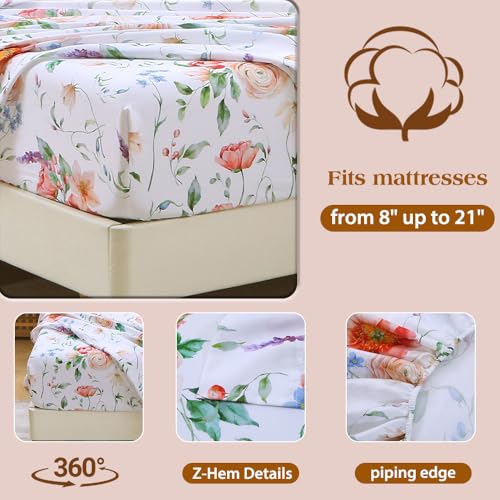 Image of MUXHOMO Queen Size 4 Piece Sheet Set, Soft & Breathable Sheet Set for Bedroom with Deep Pocket Up to 16 inch, Wrinkle-Free & Cooling Bed Sheet with Flat Sheet, Fitted Sheet & Pillowcases - Blooming Rose