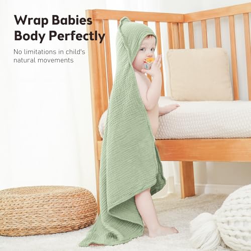 Image of Susurration Hooded Baby Towels for Newborn 2 Pack 100% Muslin Cotton Towel for Babies，Highly Absorbent and Newborn Essential 30x30 Inch (White&Green)