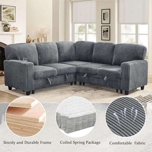 Image of KEIKI 81 inch L-Shaped Oversized Corduroy Modular Sectional Sleeper Sofa with Pull-Out Bed, Storage Seat, Modern 5-Seater Upholstered Couch Bed with Charging Station, Easy Assembly, for Living Room, Grey