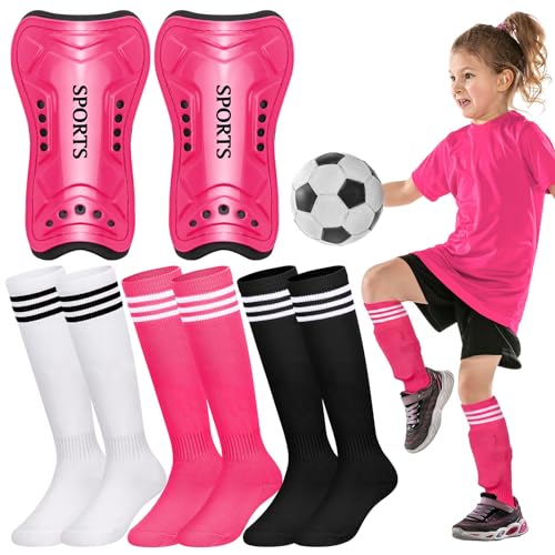 Liliful 4 Pcs Soccer Shin Guards Set for Girl Kids Youth Include 1 Shin Guards & 3 Sport Socks Protective Lightweight Gear Leg Pads Gear for 3-15 Girls Boy Children Teens(Rose Red,M)