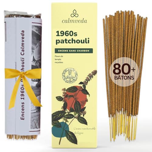 Lot de 80 bâtons d'encens Patchouli des années 1960, sans charbon, fabriqués à partir de fleurs recyclées | Bâtons d'encens Patchouli non toxiques