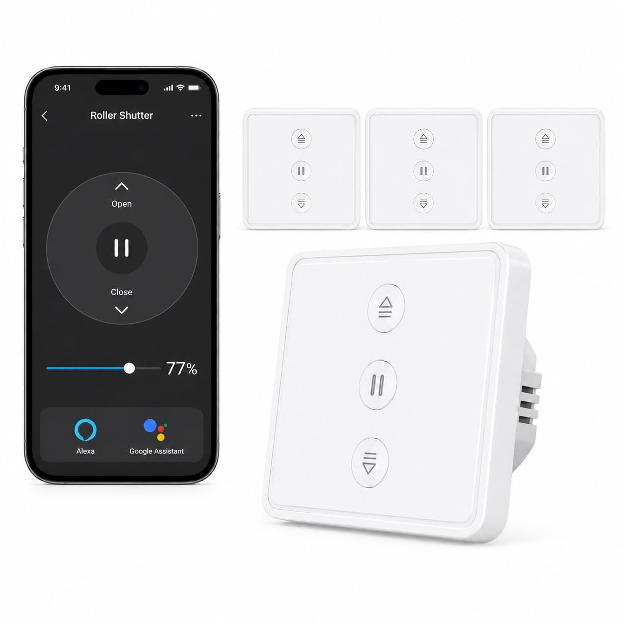 Loratap Interrupteur Volet Roulant Connecté WiFi: boutons physiques rétroéclairés et réglage précis 0%-100% - commande vocale Alexa Google Assistant - remplace votre ancien interrupteur mural-4 pièces