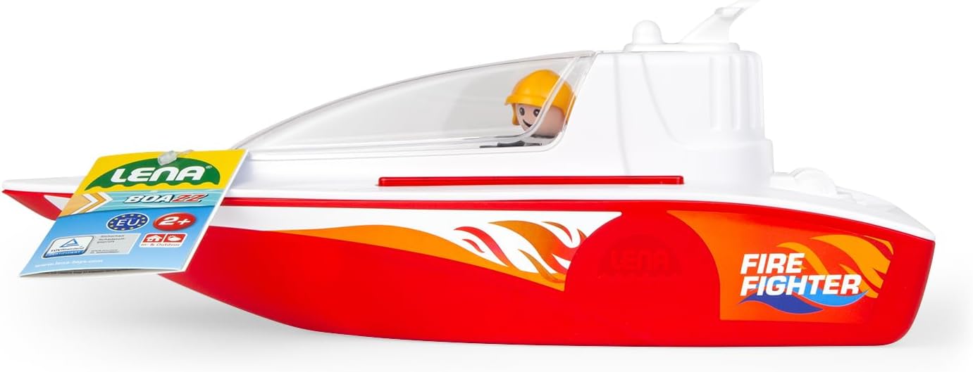LENA Boazz Fire Boat 36 cm, Toy Boat Suitable for Indoor and Outdoor Use, for Children from 2 Years, Open Cabin, Two Seats Plus Game Character
