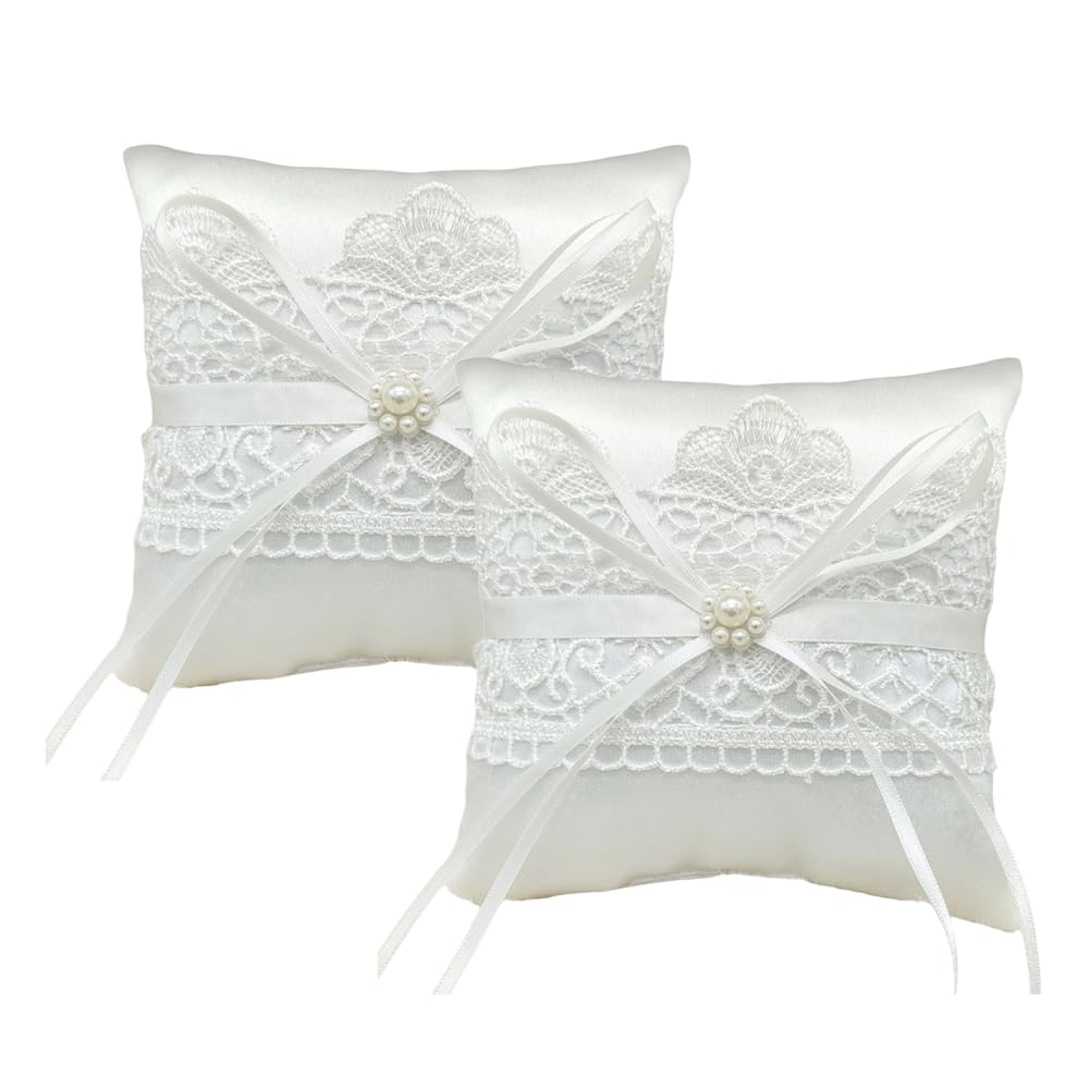 CARPJZ 2PCS Lace Bow Wedding Ring Pillows, Elegant Wedding Ring Cushion, Vintage Ivory Rings Bearer Cushions for Proposal Ceremony Engagement Bridal