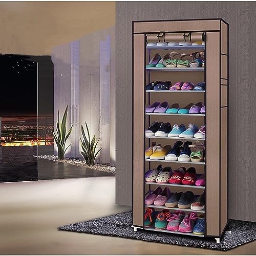 Outvita Rangement Armoire Tissu Meuble à Chaussures, Armoire Étagères à Chaussures avec Housse 9 Couches - 58x29x160cm, Café