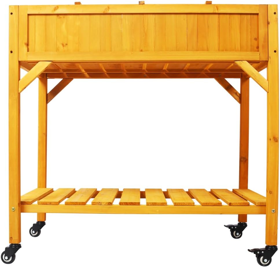 Three-Tier Vertical Garden Planter with Built-in Trellis, Mobile Rolling Base, and Rear Storage Compartment for Flowers, Vegetables, and Herbs (Brown + Wood)