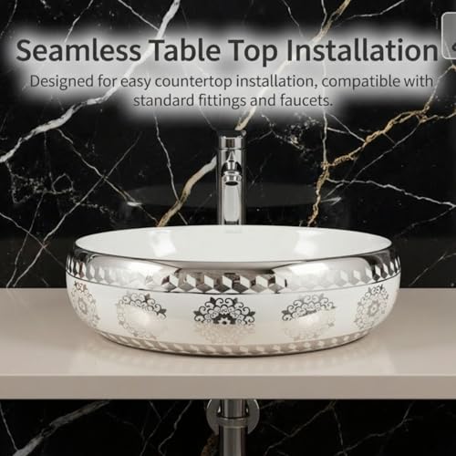 Image of Wallace Premium Countertop Wash Basin 60x40x15 cm | Oval Ceramic Table Top Sink |Interior with Gold Pattern | Luxury Designer Vanity Wash Bowl (Ivory Silver)